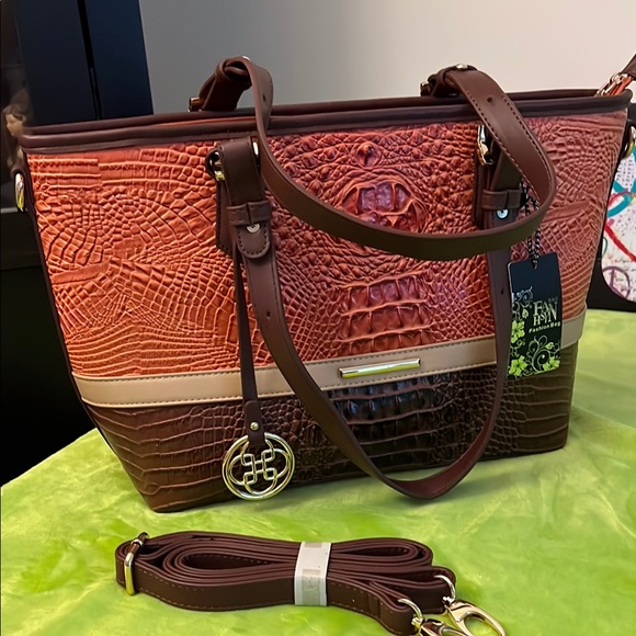 unbranded Handbags - Elegant Brown and Orange CrocTextured Tote Bag